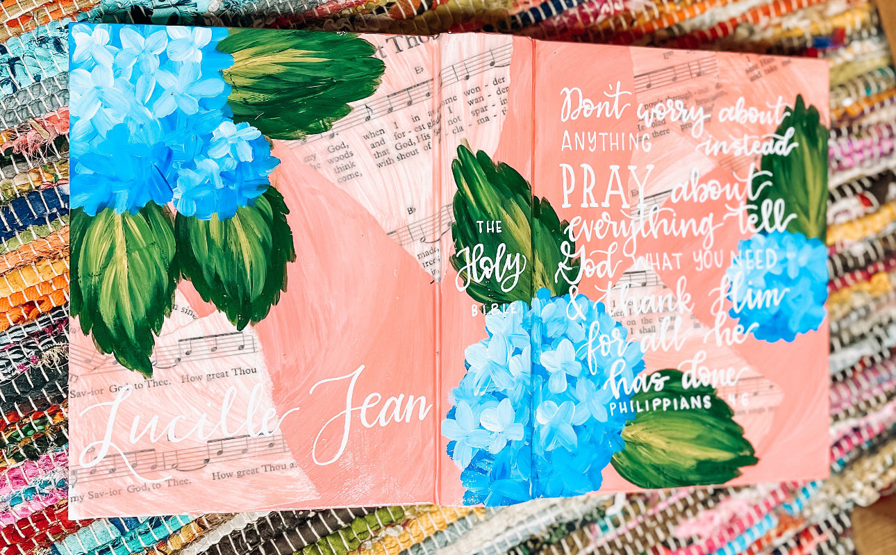 Blue hydrangea with music Custom Painted Bible, Personalized Bible, Hand Painted Holy Book, Unique Religious Gift, Custom Bible Cover