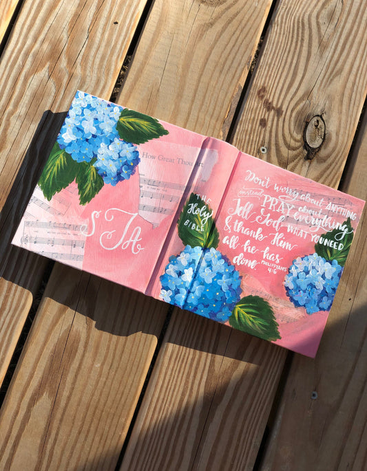 Blue hydrangea with music  Custom Painted Bible, Personalized Bible, Hand Painted Holy Book, Unique Religious Gift, Custom Bible Cover