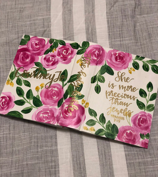 Roses  Custom Painted Bible, Personalized Bible, Hand Painted Holy Book, Unique Religious Gift, Custom Bible Cover