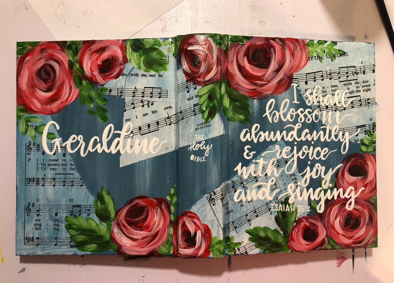 Red roses and sheet music  Custom Painted Bible, Personalized Bible, Hand Painted Holy Book, Unique Religious Gift, Custom Bible Cover