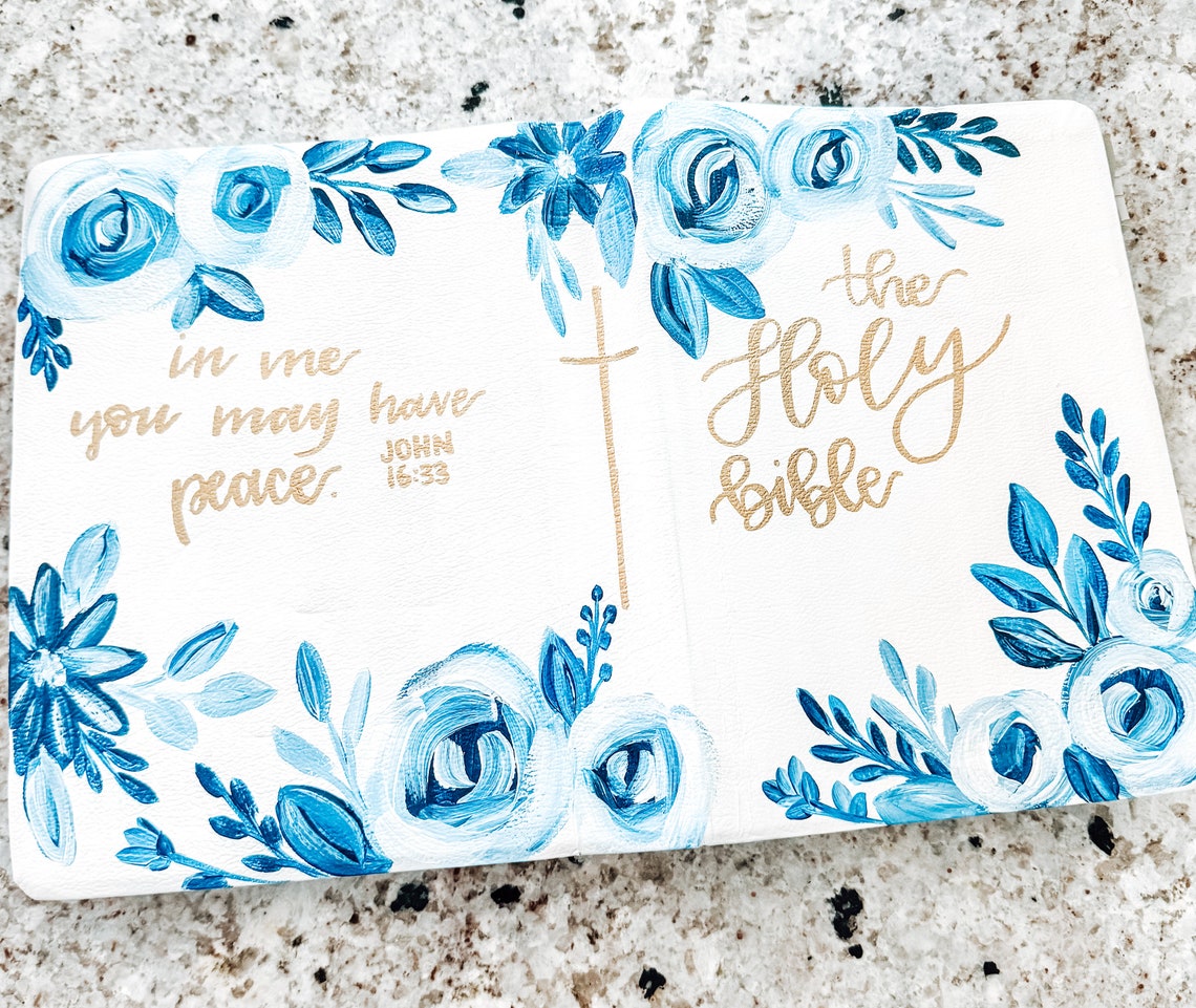 Blue and white Chinoiserie  Custom Painted Bible, Personalized Bible, Hand Painted Holy Book, Unique Religious Gift, Custom Bible Cover